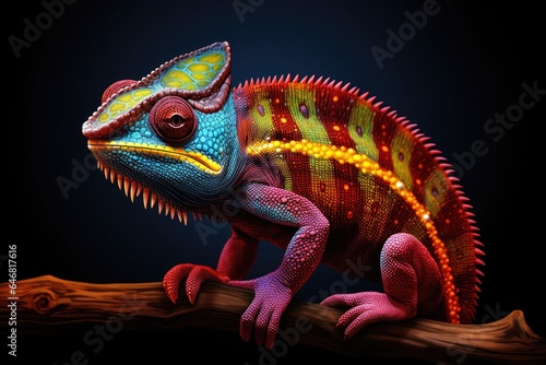 Colorful chameleon sitting on a branch on dark blue background