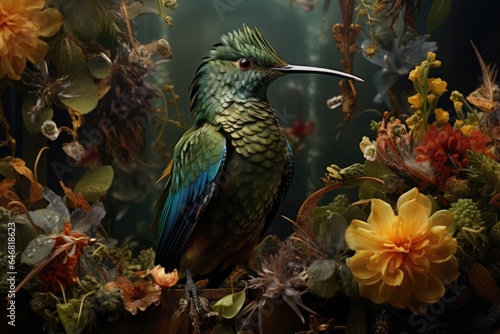 Beautiful humming bird sitting among flowers © Innese