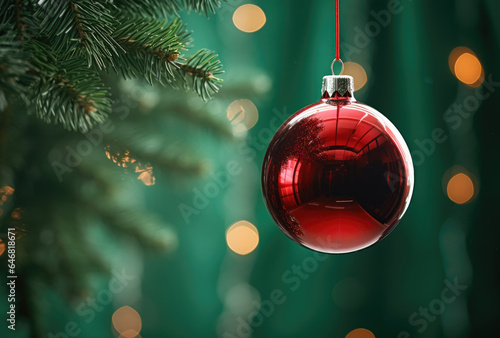 Red Christmas ornament ball hanging on Christmas tree branch