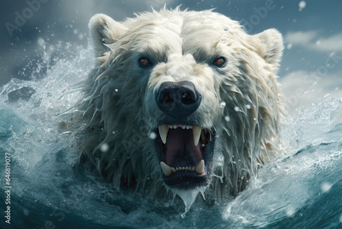 Closeup photo of roaring polar bear in the water photo