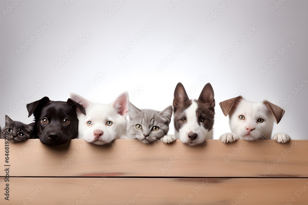Heads of cats and dogs with paws up background.