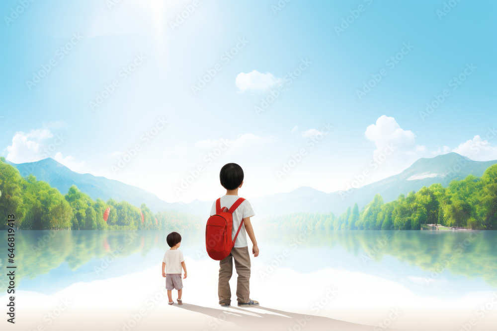 illustration. happy childhood. two children in an open area. vector.