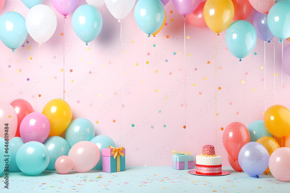 Birthday party with balloon and gift boxes on pastel background. Birthday party with balloon and gift boxes on pastel background.