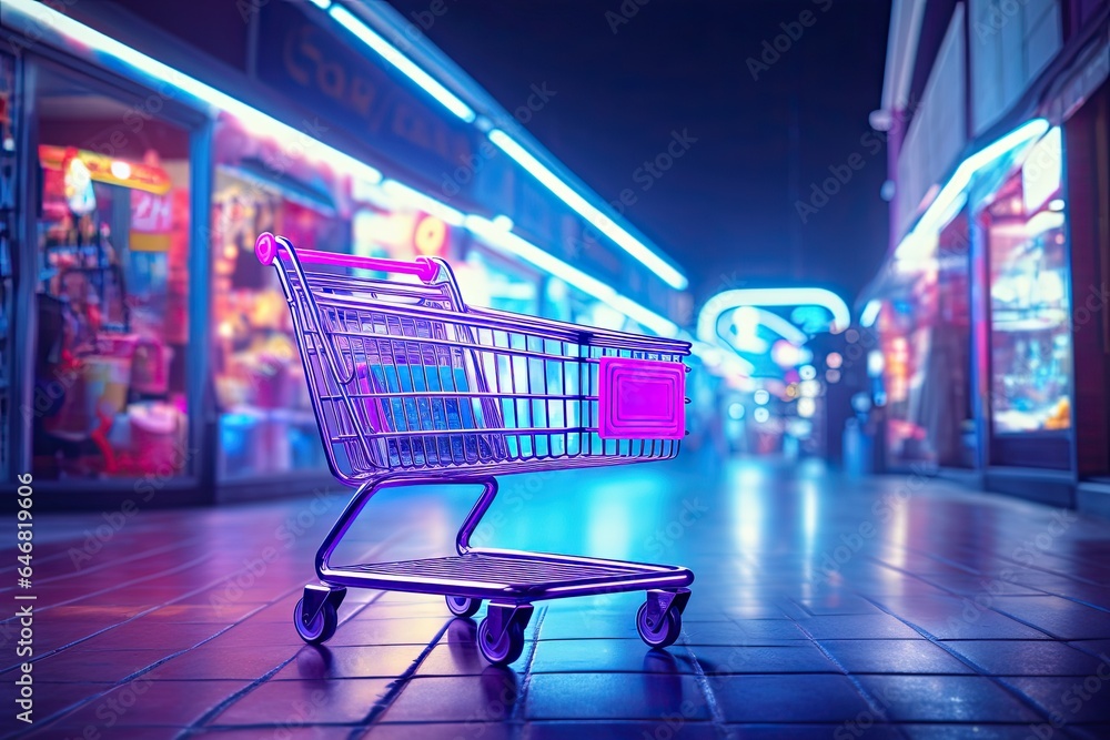 Cyber shopping. Glowing neon cart in digital marketplace. E commerce extravaganza for online shoppers. Electric retail Cyber shopping. Glowing neon cart in digital marketplace. E commerce extravaganza for online shoppers. Electric retail