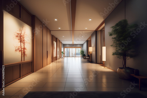 Japan style hallway interior in a hotel or luxury house. © tynza