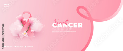 Breast Cancer Awareness Month banner, with pink ribbon, flower and cloud elements