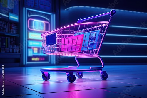 Cyber shopping. Glowing neon cart in digital marketplace. E commerce extravaganza for online shoppers. Electric retail