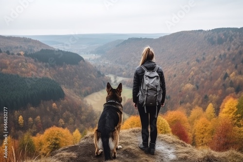 Woman and dog as they stand on the peak of a mountain. Generative AI © YouraPechkin