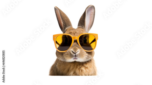 Cool Happy Bunny With Sunglasses. Rabbit. Front view. Isolated on Transparent background.
