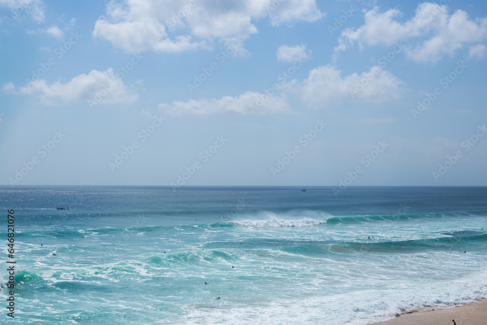 Sets of waves in the ocean. Beautiful view of the spot for surfers on the island of Bali.