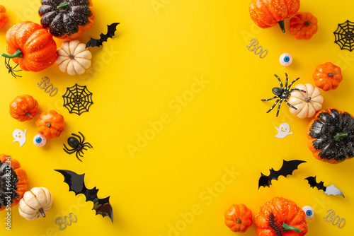 Join excitement of eerie Halloween night. Overhead view picture capturing pumpkins, spiders, bats, ghosts and Halloween decorations on a yellow isolated surface. Great for advertising or text use
