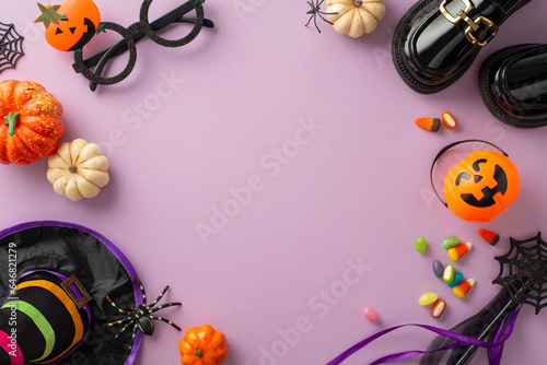 Mysterious Halloween witch costume for little one. Overhead photo of little boots, hat, enchanted wand, festive goggles, candy corn, pumpkins, ghostly spiders, web, pastel lilac setting with text area