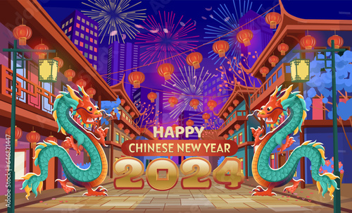 Big Panorama chinese street with old houses, chinese arch, lanterns and a garland and chinese dragon at night. zodiac symbol of 2024. Flying dragons.