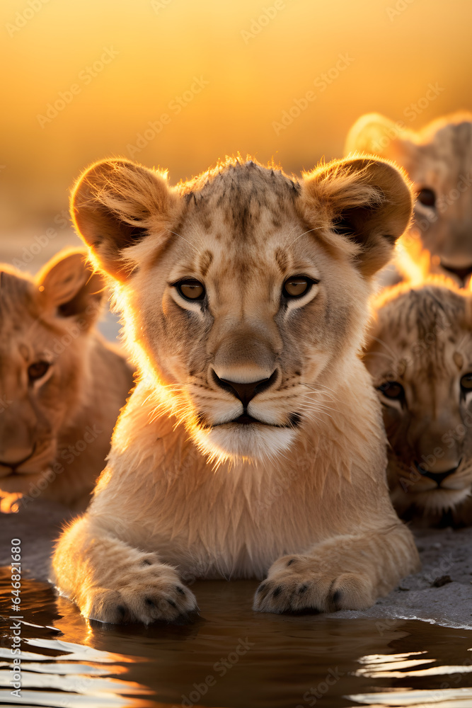 Couverture de livre avec un mignon bébé lion au bord de l'eau » IA générative Couverture de livre avec un mignon bébé lion au bord de l'eau » IA générative