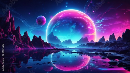 Futuristic fantasy landscape neon space galaxy portal vector illustration generated Ai