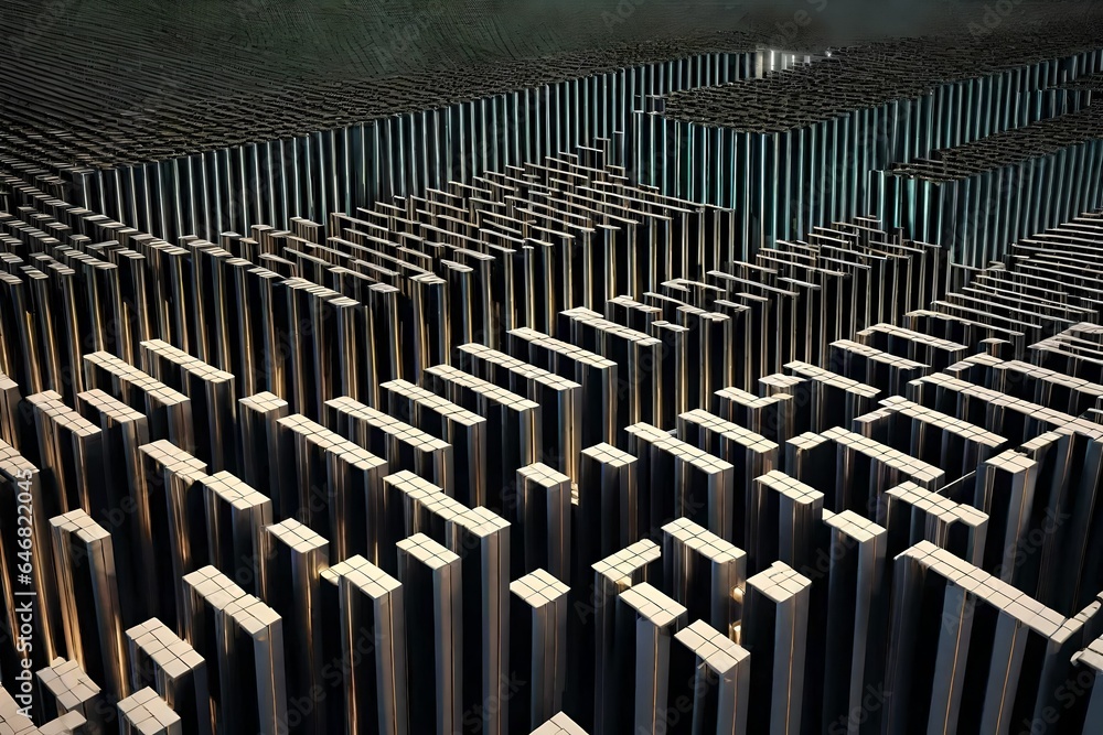 Fototapeta premium From holes in the ground, columns rise. Surface with sliding columns and holes