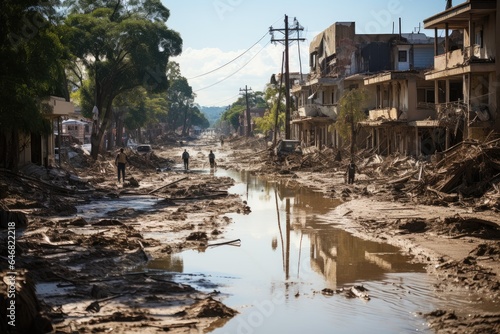 Devastating tsunami, portraying the immense destruction and chaos left in its wake.