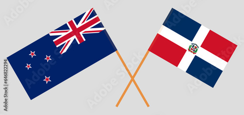 Crossed flags of New Zealand and Dominican Republic. Official colors. Correct proportion