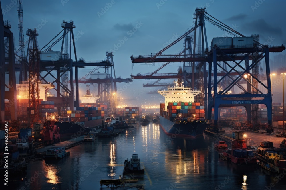Fototapeta premium Vibrant and busy cargo port with ships, cranes, and containers