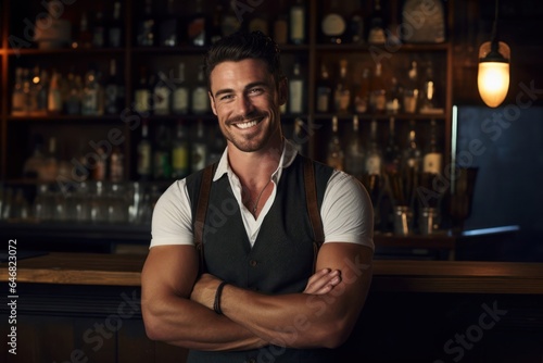 Caucasian Man Bartender Backdrop Smart Looking Generative AI