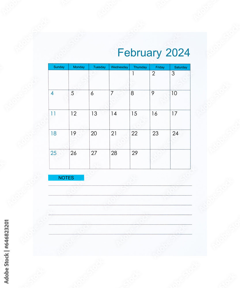 The Vertical of February 2024 Calendar page for 2024 year isolated on white background, Saved clipping path. The Vertical of February 2024 Calendar page for 2024 year isolated on white background, Saved clipping path.