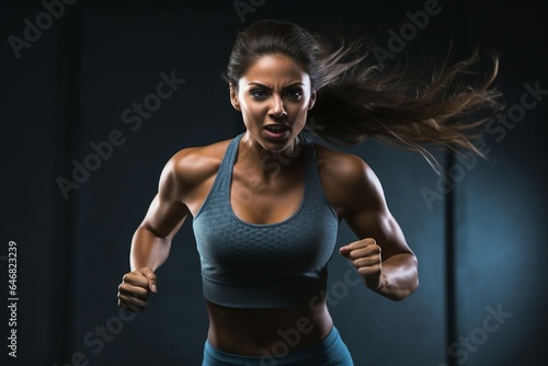 A sportswoman engaged in running and strength training in a studio, blue background 
