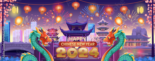 Big Panorama chinese street with old houses, chinese arch, lanterns and a garland and chinese dragon at night. zodiac symbol of 2024. Flying dragons.
