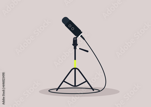 An isolated image of a microphone standing on a tripod stand, a podcast concept