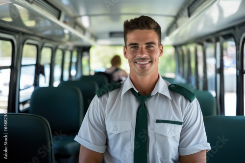 Caucasian Man Bus Driver Backdrop Scene Captivating Generative AI