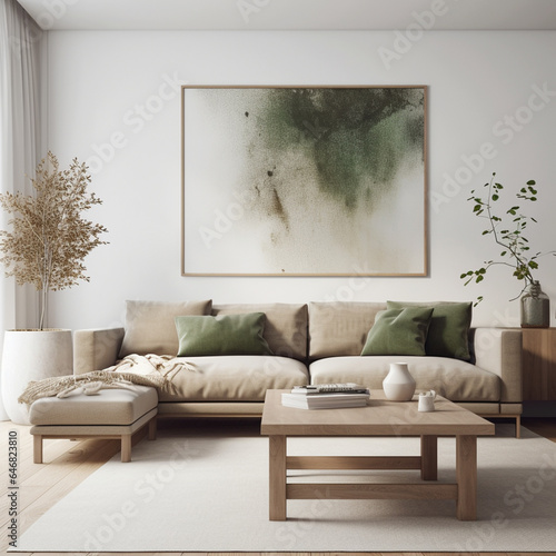 Modern living room, with big sofa, minimal and elegant, neutral tones, natural, with poster on the wall