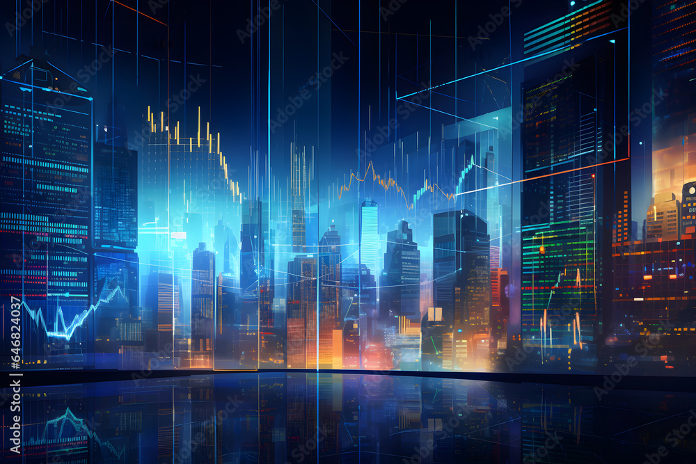 Finance and business illustration with dynamic abstract trading and data charts, city skyscraper background - obrazy, fototapety, plakaty 