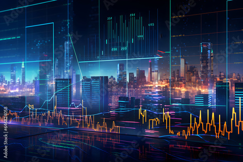Finance and business illustration with dynamic abstract trading and data charts, city skyscraper background