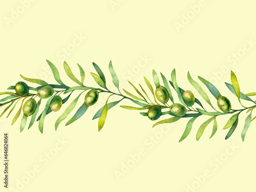 Watercolor seamless border of an olive branch with green olives isolated on a yellow background. © Olga