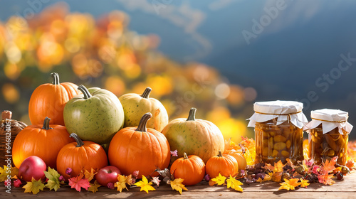 Autumn Thanksgiving background  pumpkins  and leaves on a rustic table  side view  winter supplies  website header copyspace  fall season crops gathered in a basket  nature landscape Generative A.I 