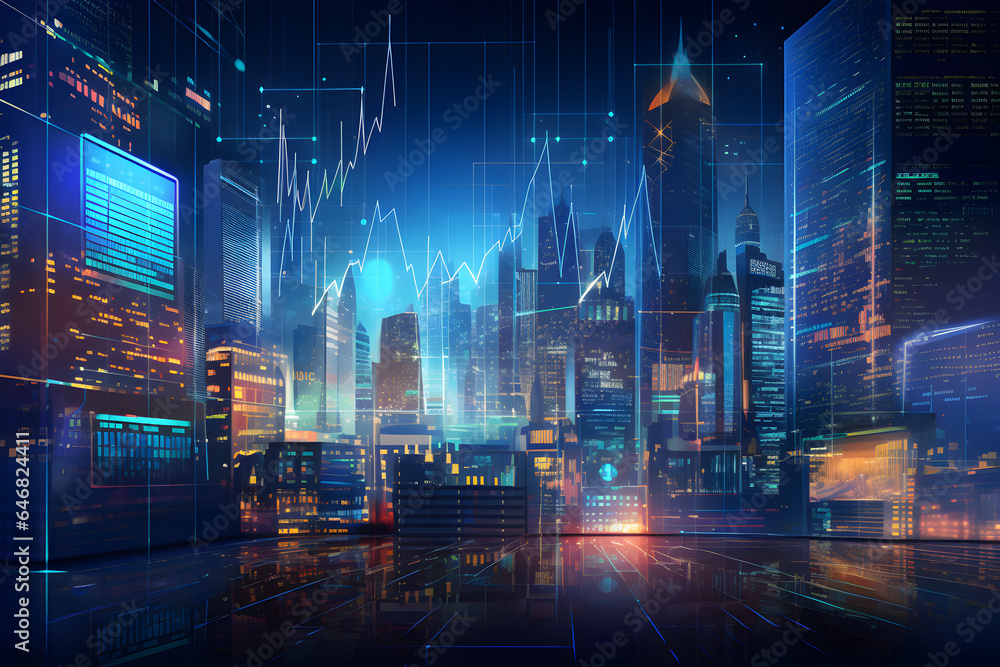 Finance and business illustration with dynamic abstract trading and data charts, city skyscraper background