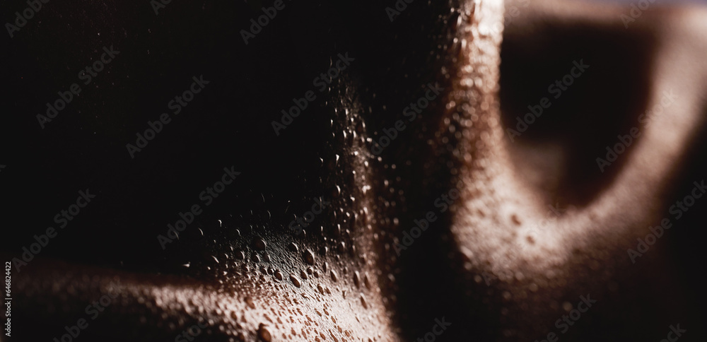 Obraz premium Water drops, skin and closeup of a person for dermatology, skincare and hygiene. Zoom on aesthetic model for art deco, neck and wet body with droplets, creative silhouette and wellness background
