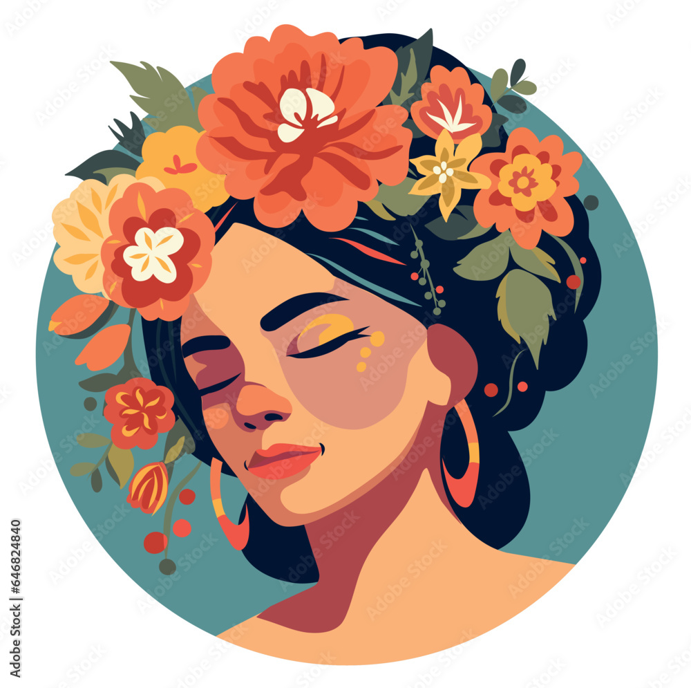 Portrait of a very beautiful woman, avatar of a beautiful girl. Flowers in hair. Hairstyle. Poster card for Women's Day. Vector flat bright illustration on a gentle pastel background Portrait of a very beautiful woman, avatar of a beautiful girl. Flowers in hair. Hairstyle. Poster card for Women's Day. Vector flat bright illustration on a gentle pastel background