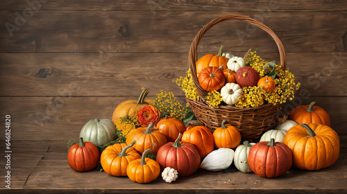Autumn Thanksgiving background  pumpkins  and leaves on a rustic table  background banner  winter supplies  website header with copyspace  fall season crops gathered in a basket  Generative A.I 