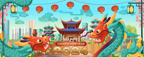 Big Panorama chinese street with old houses, chinese arch, lanterns and a garland and chinese dragon, symbol of 2024. zodiac symbol Flying dragons.