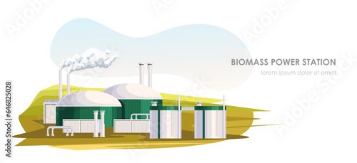 Biomass power station at field. Alternative energy resource, environment ecology. Industrial technology, factory. Natural, renewable and clean electric source. Vector illustration