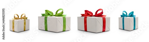 Obraz na płótnie A collection of red, green, blue and gold gift wrapped Christmas, birthday or valentines presents with ribbon bows isolated against a transparent background. w salonie