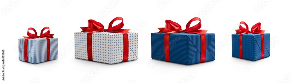 A collection of white and blue gift wrapped Christmas, birthday or valentines presents with red ribbon bows isolated against a transparent background.