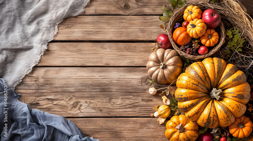 Autumn Thanksgiving background, pinecones, pumpkins, and leaves on a rustic table, top view, winter supplies, website header with copyspace, fall season crops gathered in a basket, Generative A.I,
