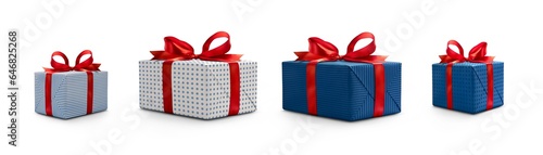 Obraz na płótnie A collection of white and blue gift wrapped Christmas, birthday or valentines presents with red ribbon bows isolated against a transparent background. w salonie