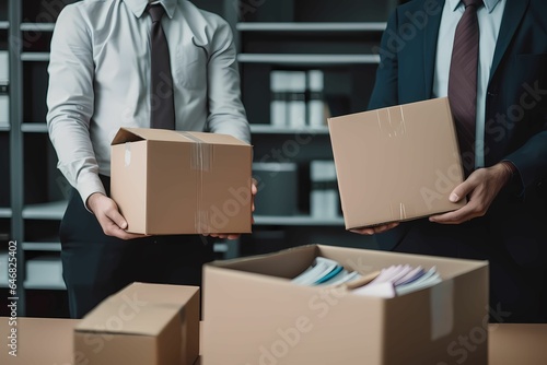 a businessman carrying a box containing office items, suitable for a project about the concept of resignation