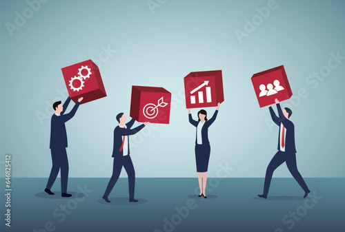 Collaboration or cooperate for team success, working together as teamwork to solve problem and achieve target concept, businessman and businesswoman team up to help connect block together.