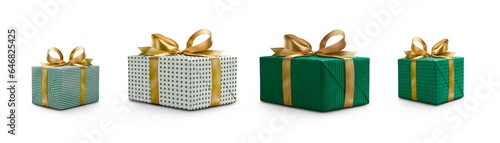 Obraz na płótnie A collection of white and green gift wrapped Christmas, birthday or valentines presents with gold ribbon bows isolated against a transparent background. w salonie