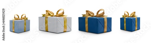 A collection of white and blue gift wrapped Christmas, birthday or valentines presents with gold ribbon bows isolated against a transparent background.