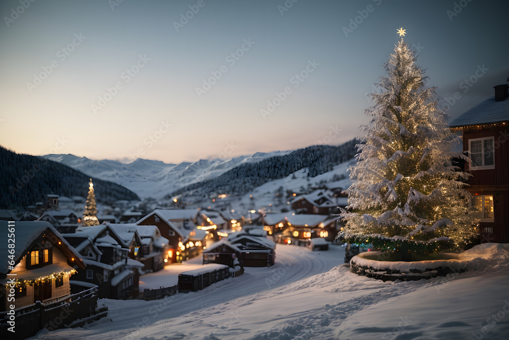 Winter scenery of cold weather and village houses in town or village forest, snowy hills and fields Winter scenery of cold weather and village houses in town or village forest, snowy hills and fields