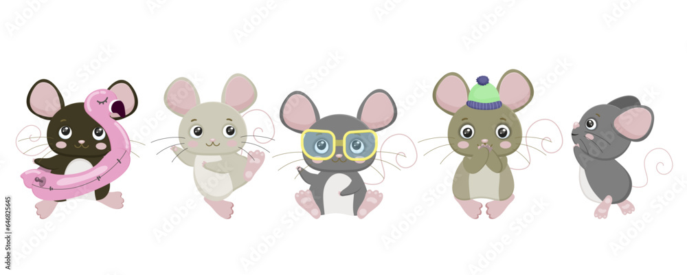 Cartoon mouse set. Cute rat character collection. Small animal. Funny, happy and cheerful little pet with tail, ears. Rubber ring. Stylish sunglasses. Isolated on white background. Vector illustration